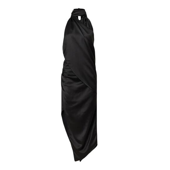 Arias Black Satin Halter Gown Size 2 Cocktail Asymmetric Ruched Maxi Dress $850 - Picture 7 of 11
